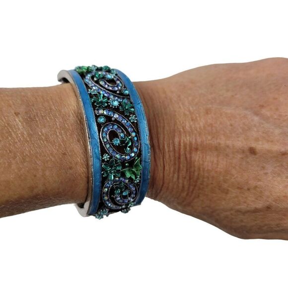 Blue Enamel Rhinestone Filagree Clamper Bangle Bracelet Flower Sparkle Glam 6.5" - Picture 4 of 9